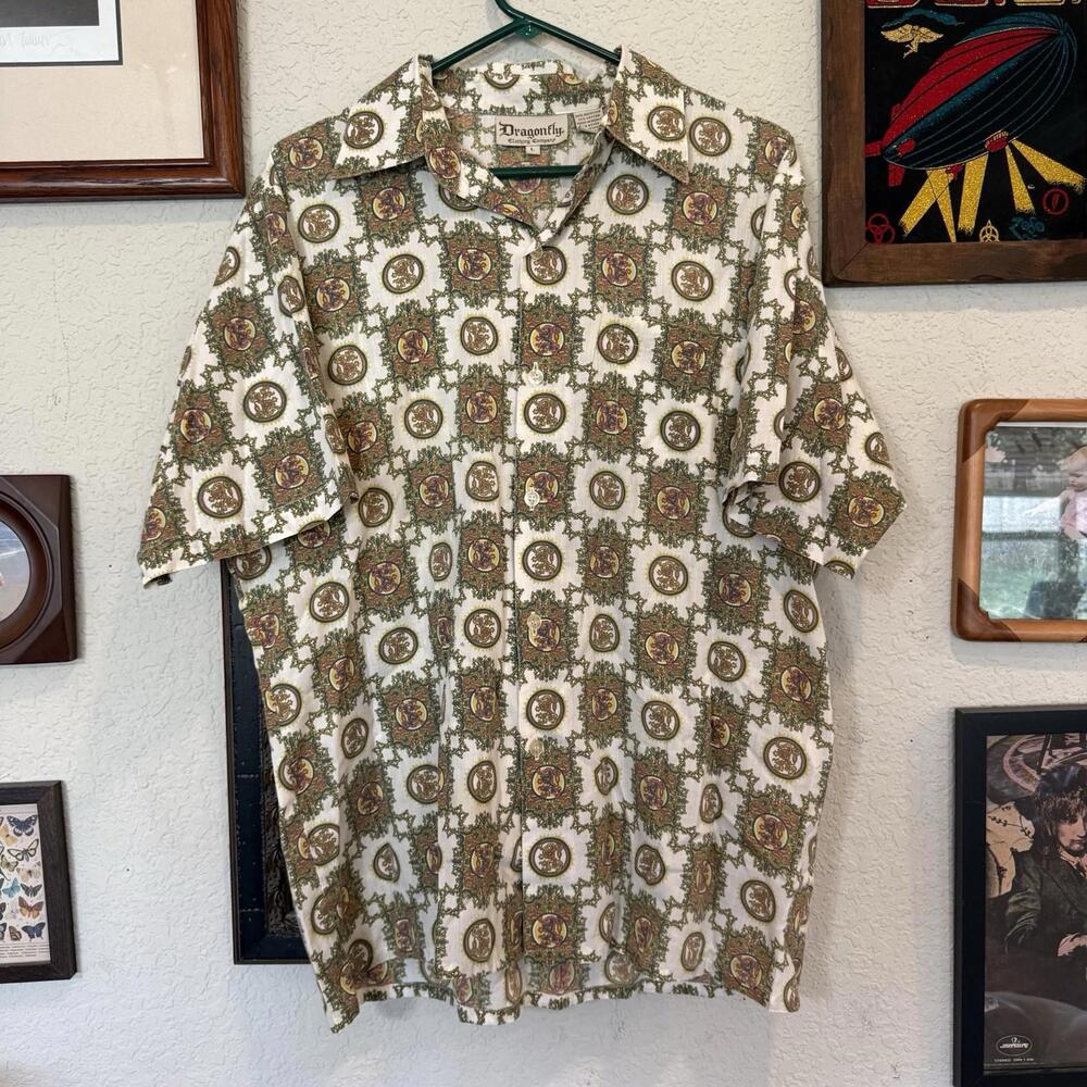 Vintage 90s/00s RARE Dragonfly Hawaiian Shirt Button Up AOP Dragon Size Large
